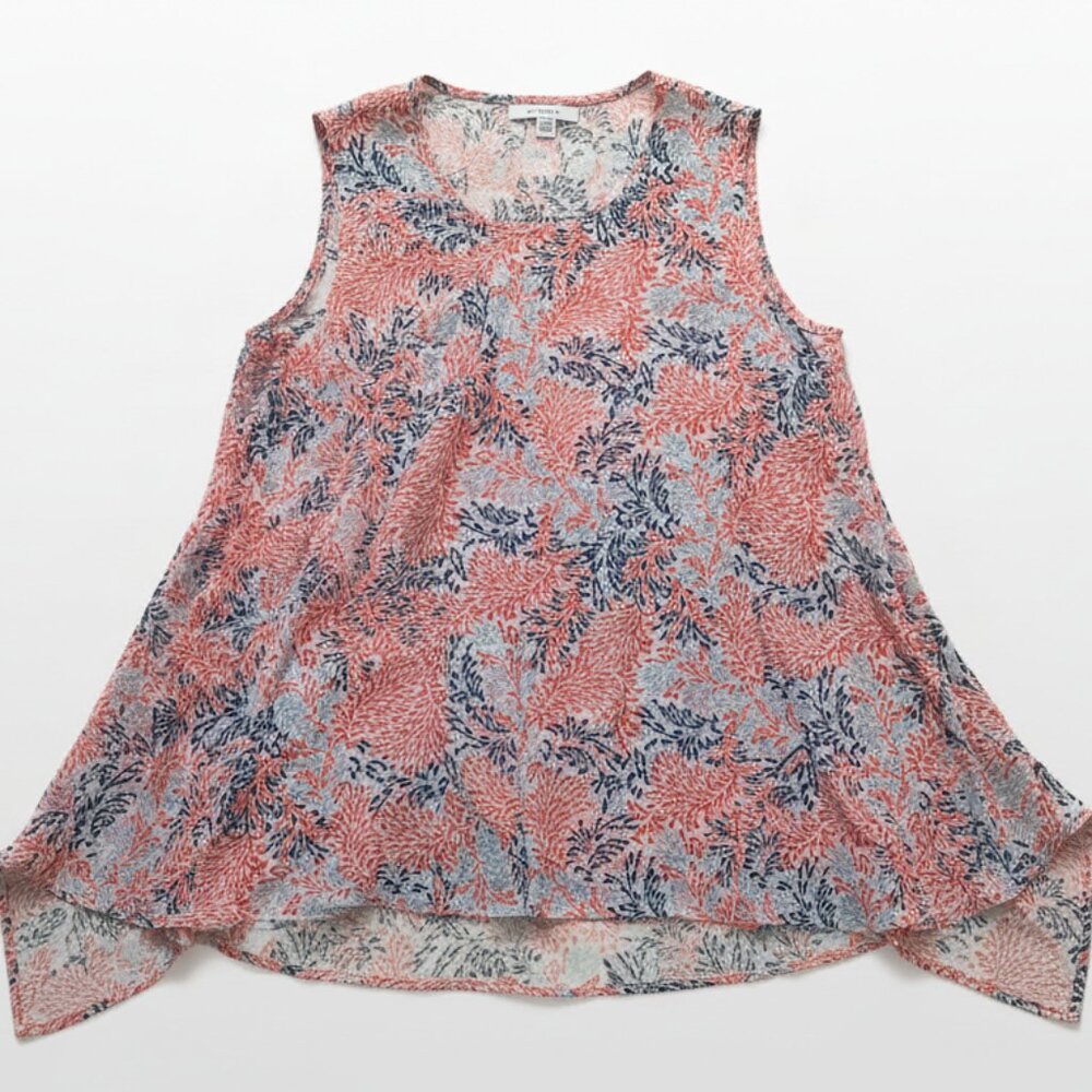 Fever Women’s Sleeveless Leaf Print Tunic Small High-Low Hem Boho Top